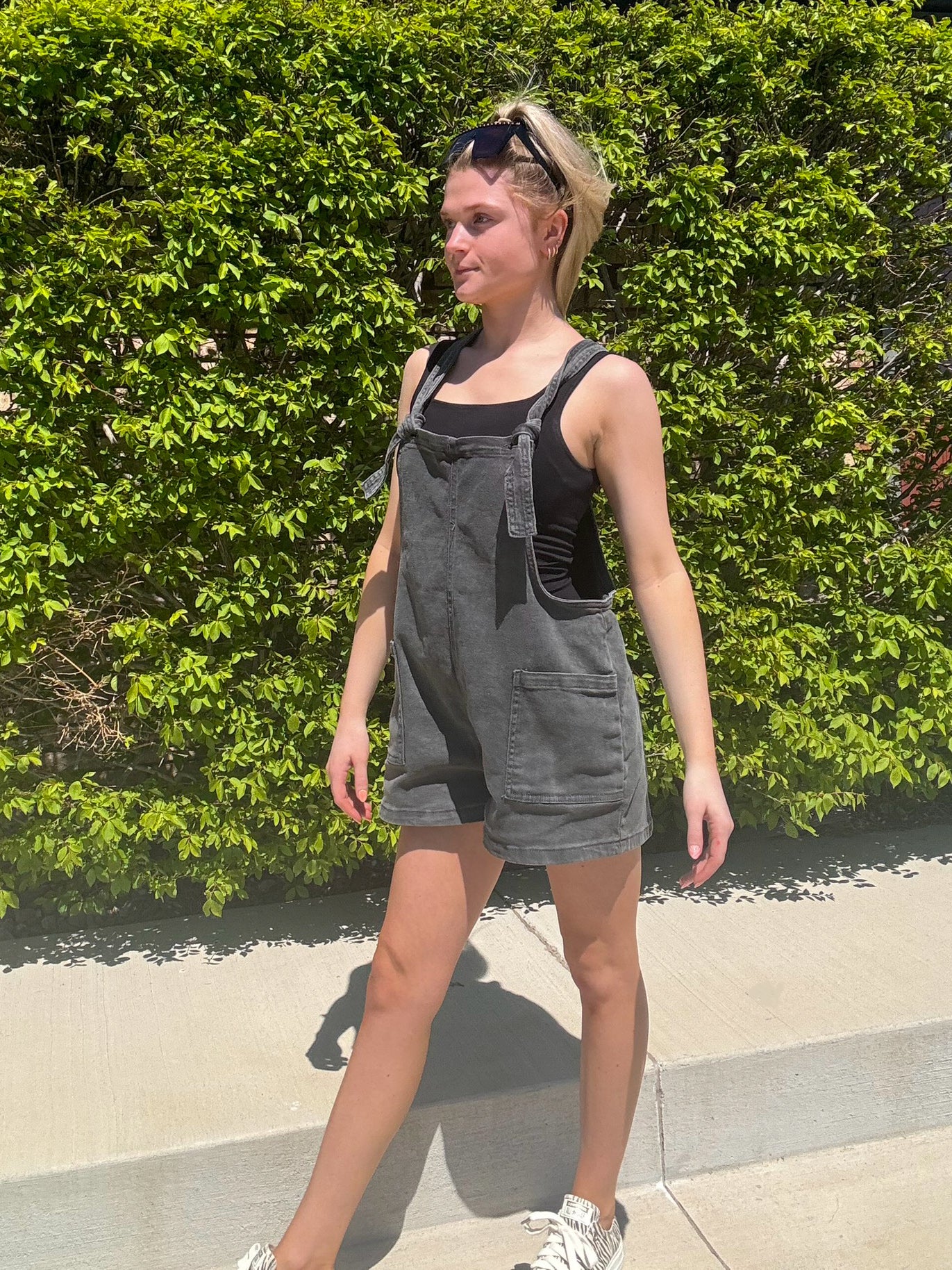 Washed Black Knot Strap Romper