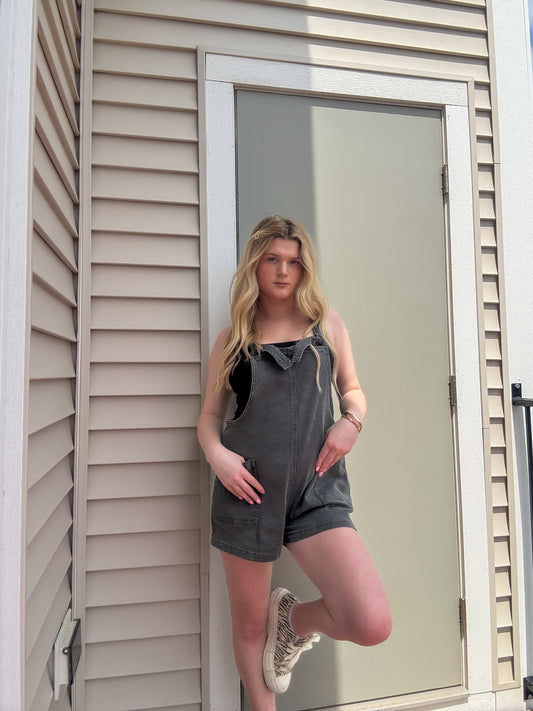 Washed Black Knot Strap Romper